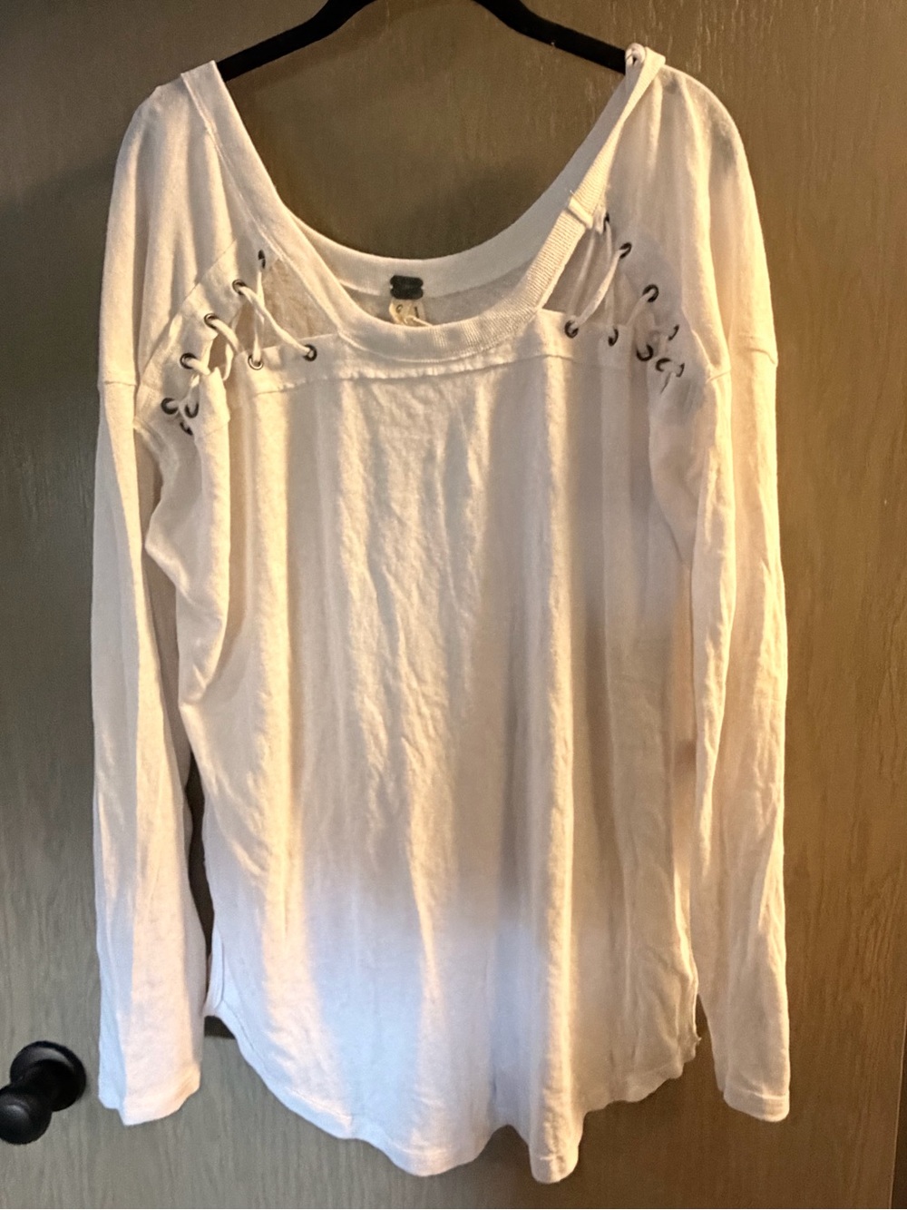 We the Free- White Lace-Up Shoulder Long Sleeve Top